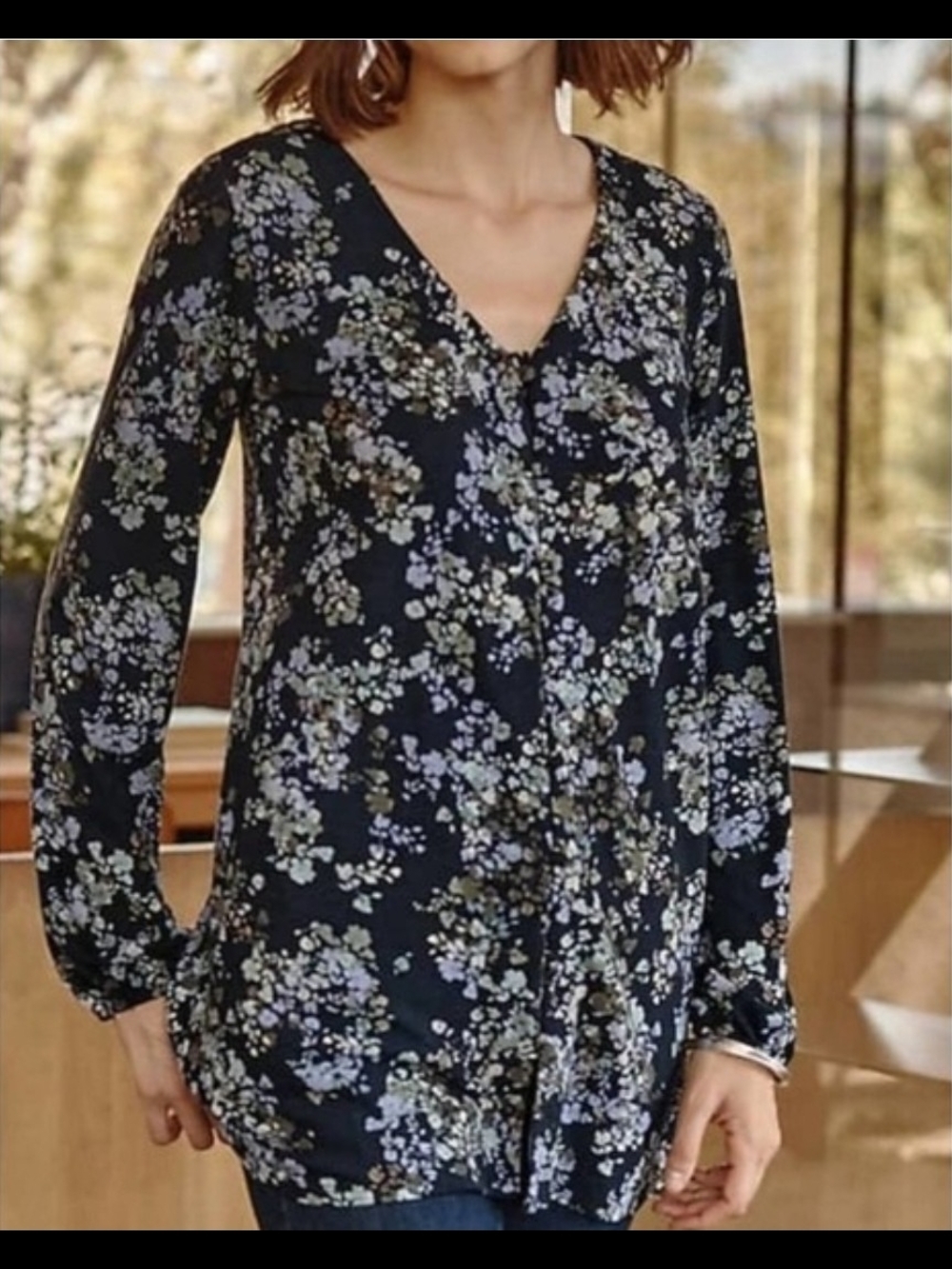 J.jill Viscose Navy Floral Peasant Blouse with Drawstring Size Large